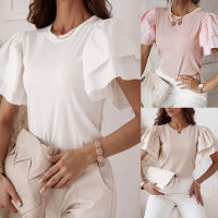 Office Lady Elegant O-Neck Solid Simple เสื้อแฟชั่นฤดูร้อน Ruffle แขนสั้นออกแบบเสื้อผู้หญิง Casual Slim Pullovers Blusa...