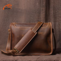 NUPUGOO Genuine Leather Vintage Mens Shoulder Bag Casual Menssenger Fashion Trend Crossbody Bags For 9.7 Inch