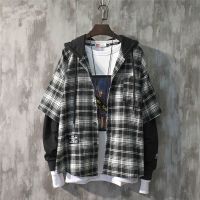 Men Harajuku Fashion Fake Two Piece Hooded Collar Plaid Stitching Sweatshirt Japanese Drawstring Long Sleeve Oversized Shirt