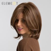 ELEMENT Short Synthetic Straight Bob Wig with Side Fringe Mixed Brown Color Natural Hairline Heat Resistant Party Wig for Women Gift ของขวัญ