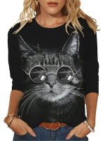 Fashion Cool Glasses Cat 3D Print T-shirt Women Casual O-Neck Long Sleeve Tops 2021 Spring Autumn Streetwear Lady Oversized Tees