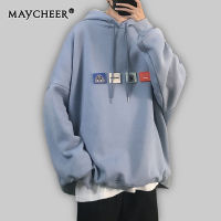 MAYCHEER เสื้อสเวตเตอร์มีฮู้ดทรงหลวมสำหรับผู้ชายมาใหม่เสื้อสเวตเตอร์แขนยาวปักลายแบบลำลอง