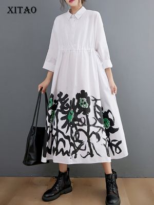 XITAO Dress Pleated Print Casual Women  Loose Shirt Dress