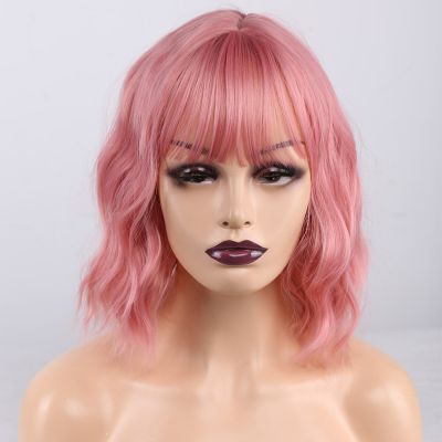 Amir Short Wavy Synthetic Wigs Pink Brown Blonde Bob Wigs For Black Women African American With Bangs Heat Resistant Cosplay Wig