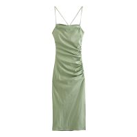 YENKYE 2023 Women Light Khaki Side Slit Draped Midi Dresses Sexy Backless Thin Straps Female Party Summer Dress