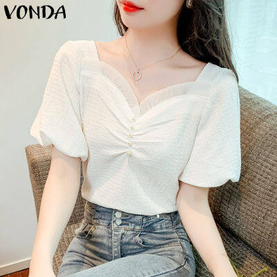 (จัดส่งฟรี)Fancystyle VONDA ผู้หญิงพัฟแขนสั้น V Collar Pullover Casual Simple Pleating Splicing Blouses