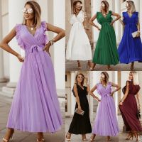 2023 European and American womens summer temperament beach dress fashion slim sexy lotus leaf sleeve chiffon pleated skirt ❤