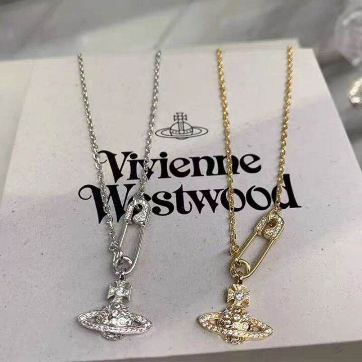 vivienne-westwood-เข็มกลัดเพชรเต็มรูปแบบสร้อยข้อมือสร้อยคอโซ่ดาวเสาร์เรียบง่าย-ins-ขั้นสูง