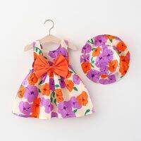 Newborn Baby Girl Dress 2pcs Summer New Full Body Color Big Flower Cotton Dress Girl Fly Sleeve Back Ribbon Dress Send Soft Hat  by Hs2023