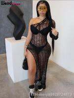 【hot】✱✣  Weird Puss Knit Hollow Shoulder Crochet See Through Bodycon Side Split Midnight Stretch Prom Clubwear