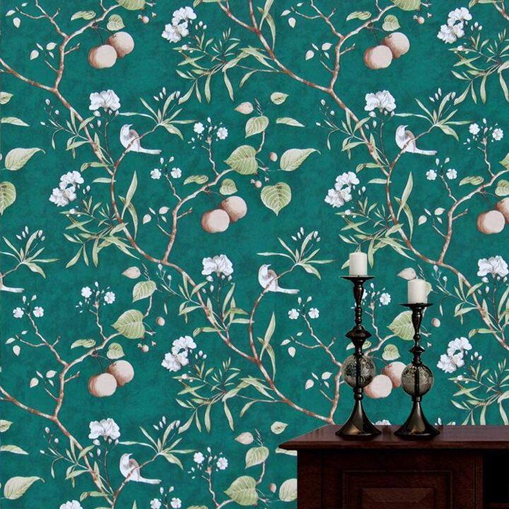 haohome-peach-tree-peel-and-stick-wallpaper-green-wallpaper-modern-flower-amp-bird-waterproof-removable-self-adhesive-wallpaper