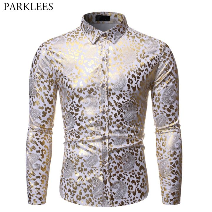 เสื้อใหม่เอี่ยมเสื้อสีขาว-dress-shirt-ลาย-paisley-สีทองแวววาวของผู้ชายเสื้อใส่ชุดไนท์คลับแขนยาวสำหรับงานเลี้ยงงานแต่งงานบนเวทีสินค้าตามสั่ง