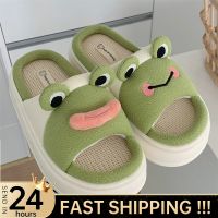 Cute Frog Cartoon Milk Cow Linen Slippers For Women Thick Bottom Home Shoes Cotton Couple Indoor Slippers Funny Male Home Slides