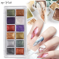 Myyeah 12สี/ชุดเล็บสีทึบสีน้ำสีเมทัลลิคภาพวาดผงโครเมี่ยมระยิบระยับการไล่ระดับสี DIY ตกแต่งเล็บ