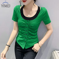 YIMEI เสื้อยืดสองชิ้นปลอมจับคู่สีเสื้อคอตตอนล้วนสำหรับฤดูร้อน2023เสื้อยืดผู้หญิงเสื้อแขนสั้นรัดรูปเข้ารูปมีกระดุมประดับ