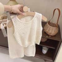 Girls Summer Clothing Set 2023 Kids Knitted Hollow Lace Suit Girl Fashion Breathable Vest Wide Leg Pants Outfits Children Sets