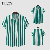 IELGY เสื้อเชิ้ตแขนสั้นคอปกโปโลลายทางสีเขียวสไตล์เกาหลีสำหรับผู้ชายผู้ชาย