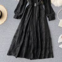 Vintage Lace Hollow Out Womens Dress Autumn 2020 Stand Collar Long Sleeve High Waist Sweet BlackPinkBeige Robe Fashion New