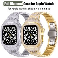 Full Diamond Watch Case for Apple Watch 44mm 45mm Modification Kit Rubber Band for iWatch 8 7 6 5 SE Cover Wristband Accessories Straps