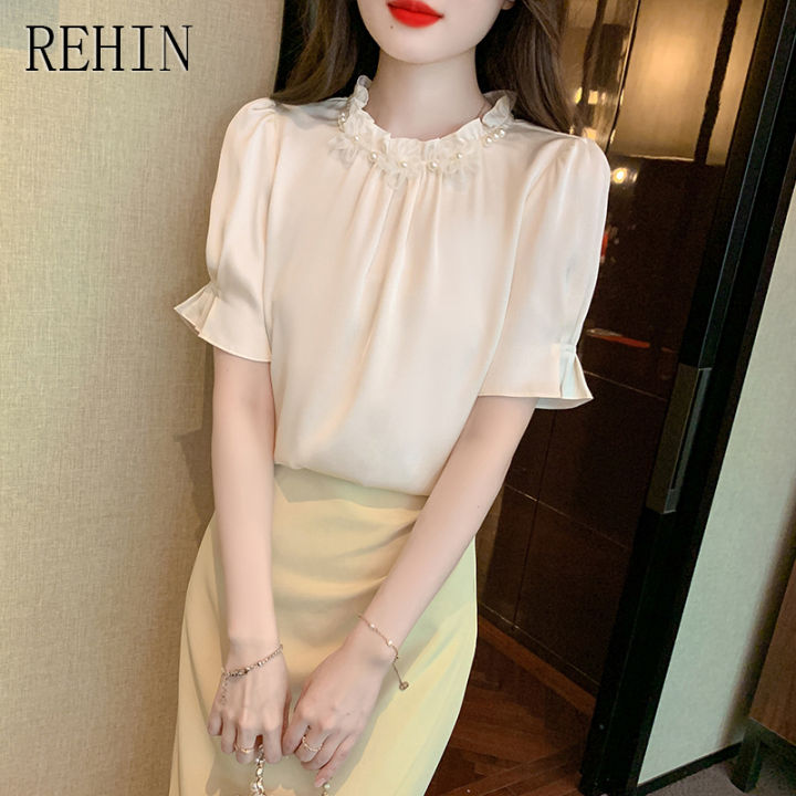 rehin-เสื้อผู้หญิงสำหรับฤดูร้อน-เสื้อเสื้อผู้หญิงแขนสั้นซาตินคอปกดอกไม้แบบใหม่