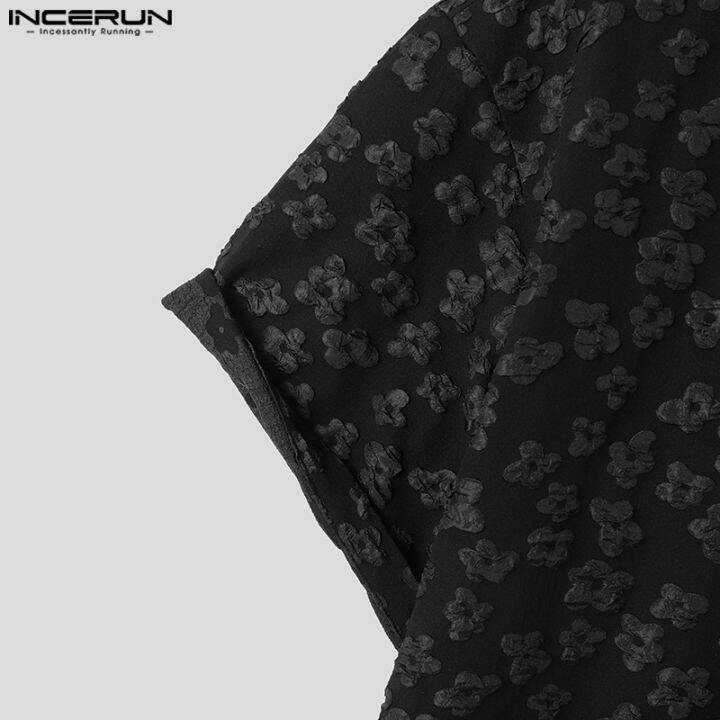 incerun-เสื้อเชิ้ตแขนสั้น-ลายดอกไม้นูน-แฟชั่นสําหรับผู้ชาย