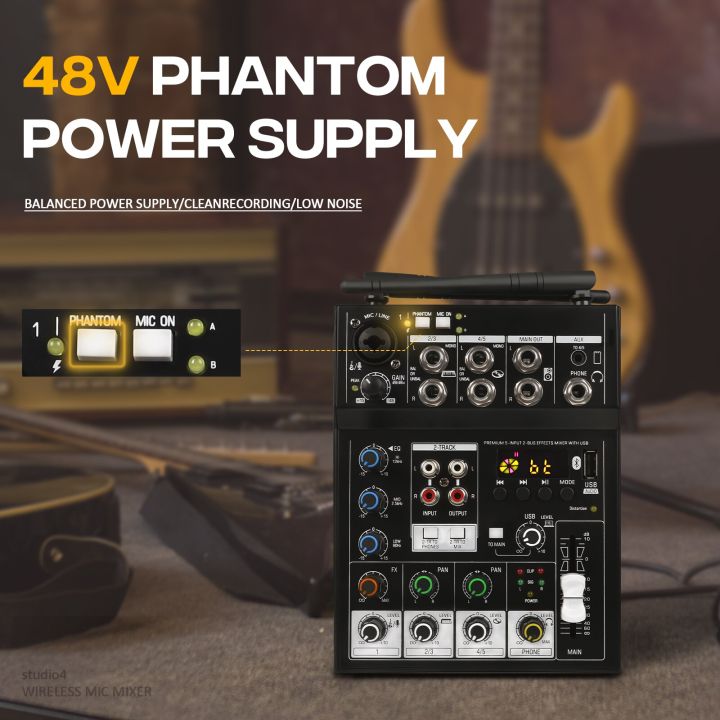 เครื่องผสมสัญญาณเสียงพร้อมไมโครโฟนไร้สาย-g-mark-studio-4-bluetooth-dj-console-48v-phantom-power-usb-interface-สำหรับการบันทึก