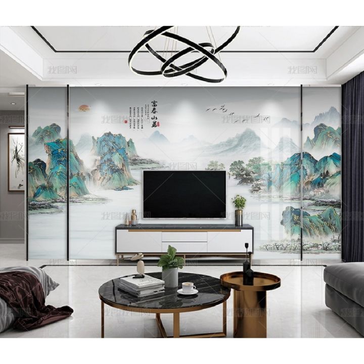 fuchun-mountain-residence-new-chinese-hand-painted-water-ink-landscape-wallpaper-living-room-tv-background-wall-decoration-mural