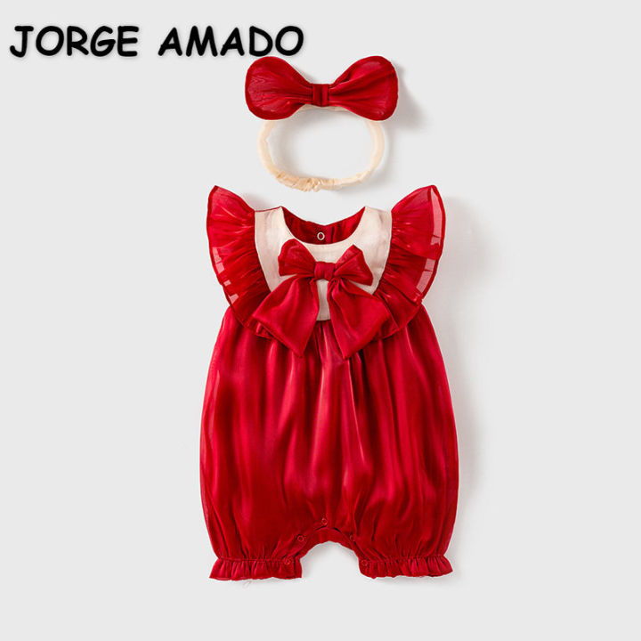 ฤดูร้อนใหม่เด็กสาว-romper-สั้น-flare-สีแดงรอบคอ-jumpsuit-headwear-ทารกแรกเกิดเสื้อผ้าทารกเสื้อผ้า-e22532