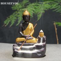 Golden Lord Buddha Backflow Incense Burner Stick Holder Stand Buddhism Hand Crafts Censer Home Office Temple Decoration