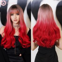 【LZ】✱✜✈  7JHH WIGS Long Wavy Curly Hair Wigs for Women Daily Party Ombre Wine Red Synthetic Wig with Bangs Heat Resistant Fiber 25 Inch