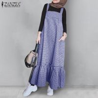 ZANZEA Women Straps Back Zipper Side Pockets Plaid Muslim Dress