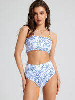 Cider ชุดว่ายน้ำผู้หญิง บิกินี่ ทูพีช ลุคไปทะเล สไตล์เซ็กซี่Abstract Pattern Smocked Bikini Swimsuit