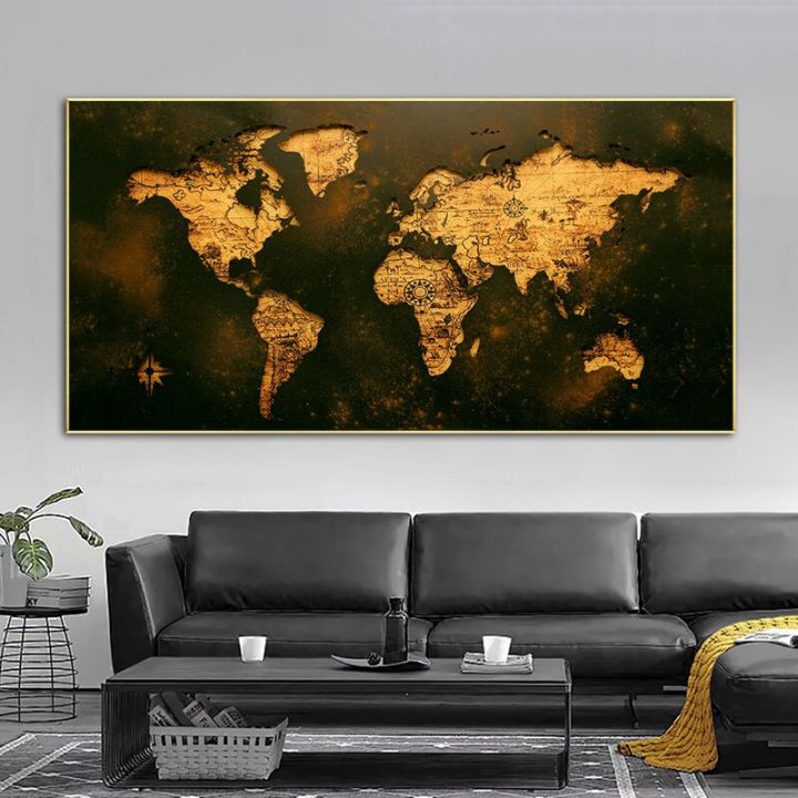 Black Gold World Map Pictures Vintage Canvas Painting Abstract Home  Decoration Retro Wall Art For Living Room Classic Style 1PCS Wooden Inner  Framed or Frameless (or Black Aluminum Alloy Framed) Lazada