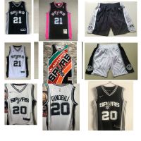 ชุดกางเกงบาสเกตบอล Jersey Basket ปักลาย Spurs No. 21 Duncan No. 20 Ginobili White Black