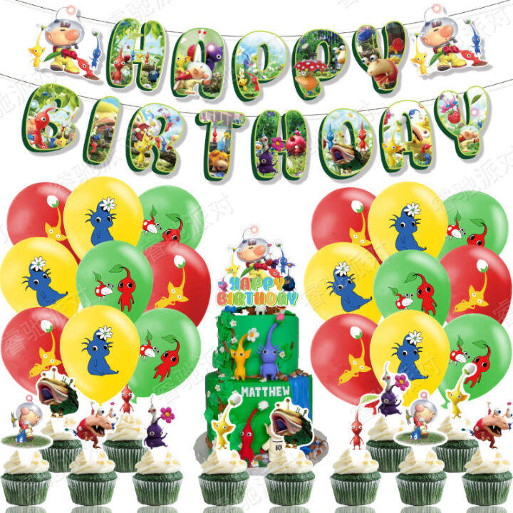 pikmin-theme-kids-birthday-party-decorations-banner-cake-topper-balloons-swirls-set-supplies