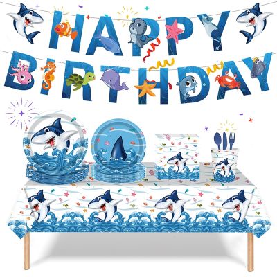 [HOT QIWKZKWEH 537] Blue Shark Ocean Theme วันเกิด Disposable Tableware ใต้ทะเล Shark แผ่นผ้าเช็ดปาก Happy Birthday Party Decor เด็ก Babyshower