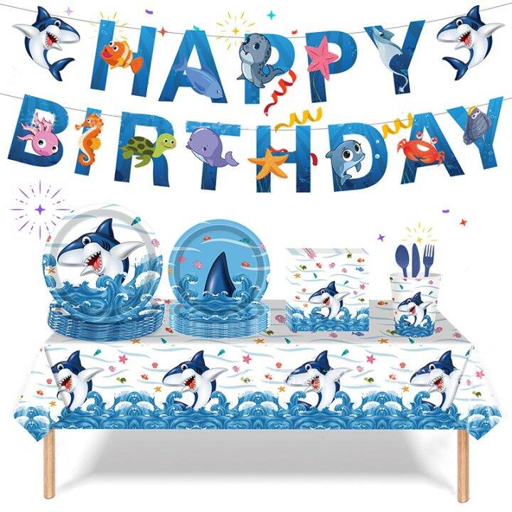 hot-qiwkzkweh-537-blue-shark-ocean-theme-วันเกิด-disposable-tableware-ใต้ทะเล-shark-แผ่นผ้าเช็ดปาก-happy-birthday-party-decor-เด็ก-babyshower