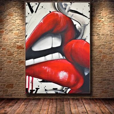 โรแมนติก Red Lip Graffiti ภาพวาดผ้าใบ Wall Art บทคัดย่อ Kissing โปสเตอร์พิมพ์สำหรับห้องนั่งเล่น Love Home Decor