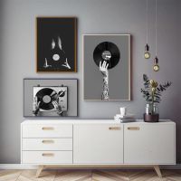 ♙㍿ Vintage Music Wall Art สีดำและสีขาวบันทึกไวนิลภาพโปสเตอร์ภาพวาดผ้าใบพิมพ์นักดนตรีของขวัญ Music Studio Decor ภาพ