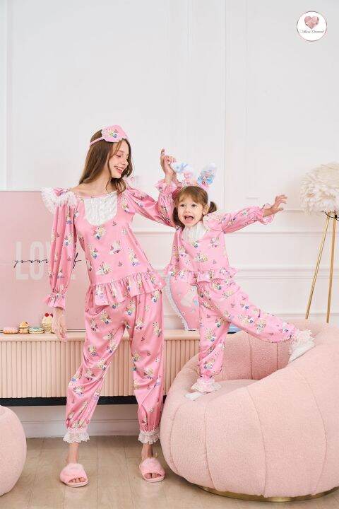 mariadiamond-สีชมพู-kids-goodnight-bunny-pajamas-เด็ก-ผ้าไหมซาตินพิมพ์ลาย-ชุดนอน-เบาสบาย-ระบายอากาศ-ไม่คัน-ไม่ร้อน