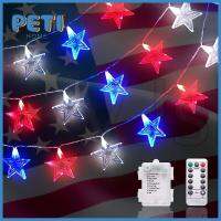 PETIHOME แบตเตอรี่ทำงานโดย ไฟเส้น สีแดงสีขาวสีฟ้า พร้อมรีโมท 4th of july Lights ของใหม่ กันน้ำกันน้ำได้ ไฟดาว LED Hmoe