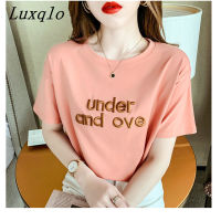 Luxqlo เสื้อยืดแขนสั้นพิมพ์ลายตัวอักษรสำหรับผู้หญิงเสื้อยืดลำลองทรงหลวมใหม่ MODE Korea เสื้ออเนกประสงค์