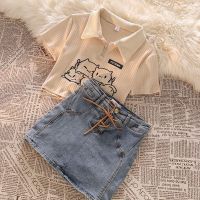 CUI YI SHOP sweet style street suit summer 2023 new short collar top denim half