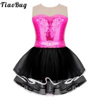 ♝❏❇ Shiny Kids Girls Sequins Tutu Mesh Dress Dance Ballet Sleeveless Hollow Back Leotard Ballet Costume Ballerina Performance Dress