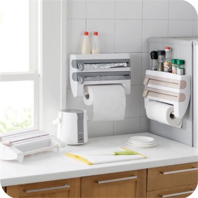 【CC】 Wall-Mount Paper Holder Sauce Bottle Rack 4 In 1 Cling Film Cutting Mutifunction Organizer