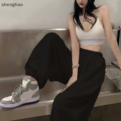 shenghao กางเกงโอเวอร์ไซส์เอวสูงหลวมสีทึบกางเกงขากว้างแบบลำลองมีกระเป๋าแฟชั่นเกาหลี