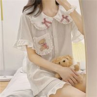 QWEEK Japanese Style Lace Doll Collar Pocket Bear Embroidery Ruffle Kawaii Pyjamas Pajamas for Women Two Piece Set Summer Pijama