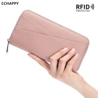 กระเป๋าสตางค์ยาวหนังแท้ CCHAPPY สำหรับผู้หญิงผู้ถือบัตร RFID หนังวัวชั้นบนความจุมากกระเป๋าโทรศัพท์กระเป๋าขนาดถือได้