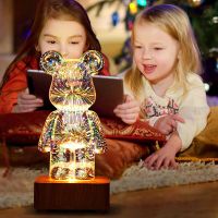 3D Fireworks Bear Glass Lamp Colorful USB Atmosphere Night Light Room Desk Decoration LED Projector Romantic Bedroom Decor Gift Night Lights