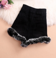 Fashionable high-waisted fur stitching denim shorts women autumn winter rabbit fur comfortable wide leg shorts